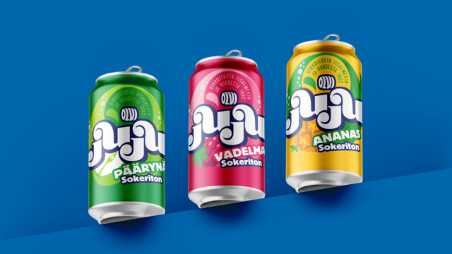 Kolme värikästä Olvi Jujun juomatölkkiä